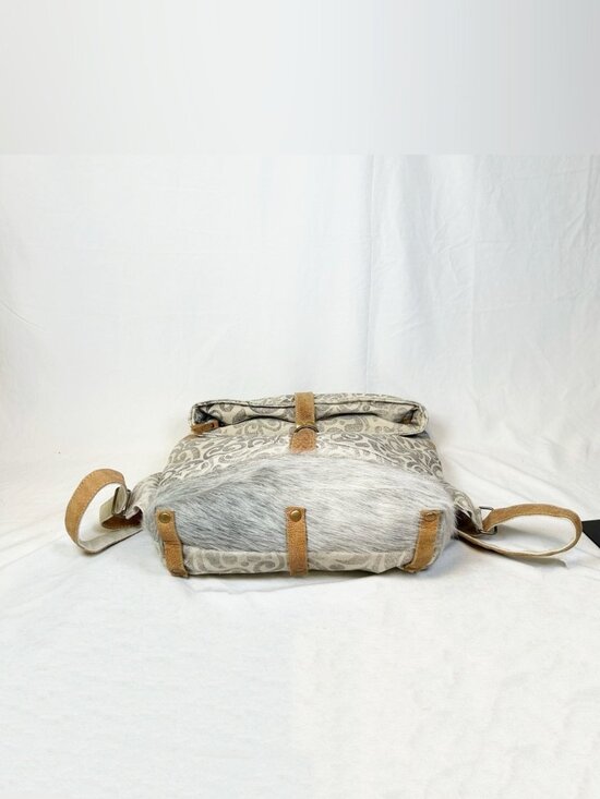 Myra Gray Canvas Cowhide Leather Furry Fold Over Backpack Duffle Bag/Wristlet main image 4